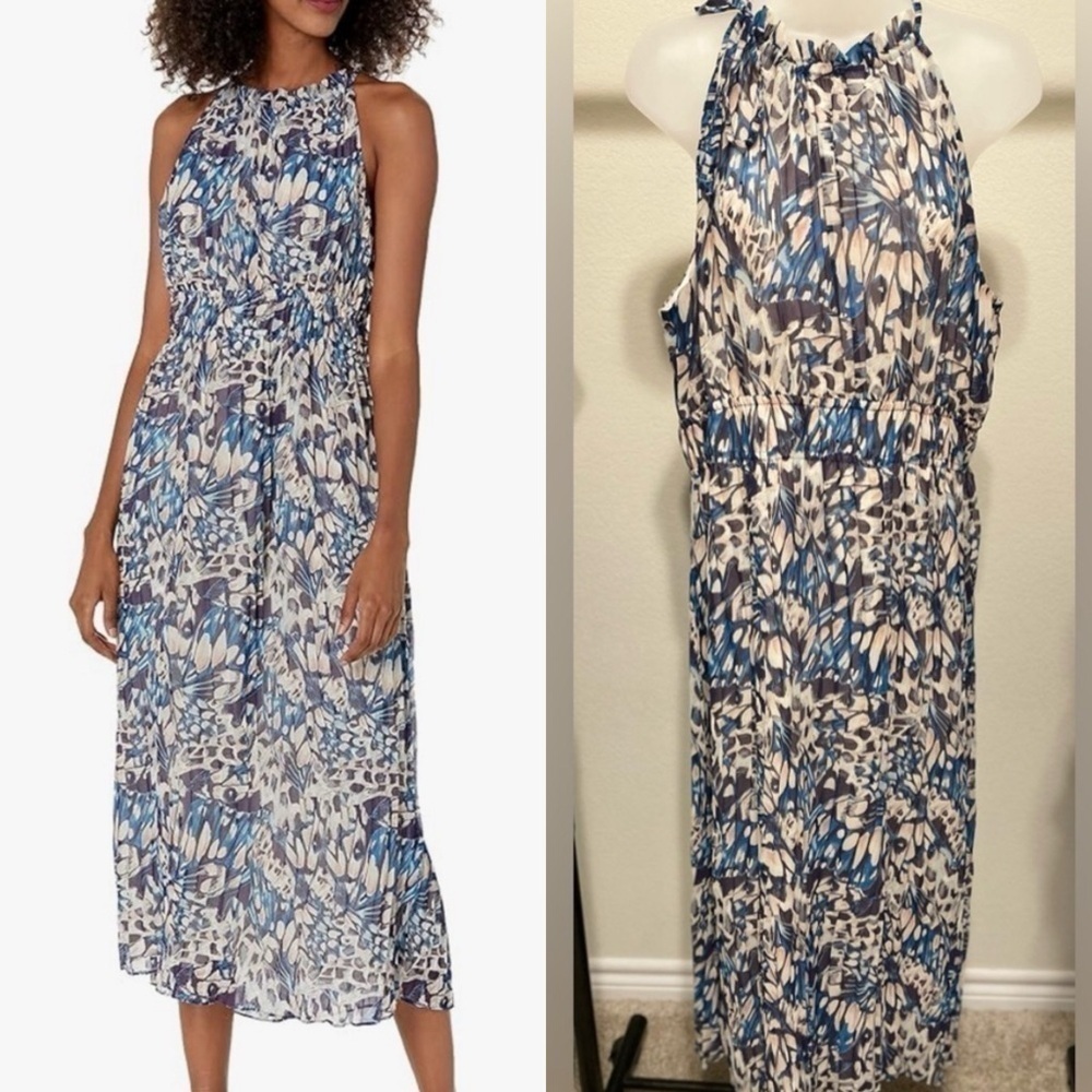 Anne Klein Blue Floral Pleaded Ruffled Blue Tie Ruched Waist Maxi Dress